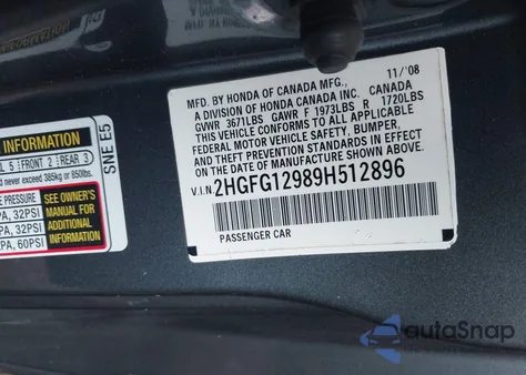 2009 Honda Civic Ex-L z USA, uszkodzony, nr VIN 2HGFG12989H512896